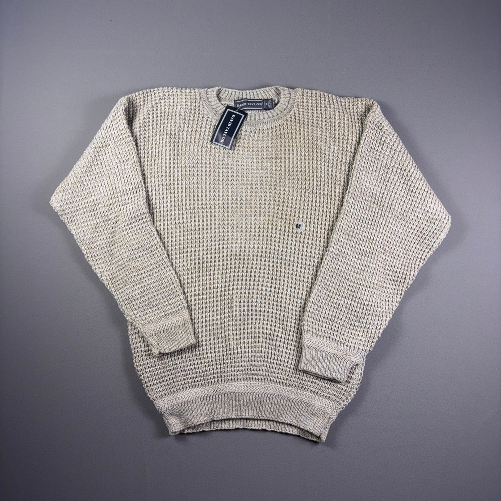Vintage 90s David Taylor Waffle Knit Sweater Mens Medium Beige Made in USA NWT